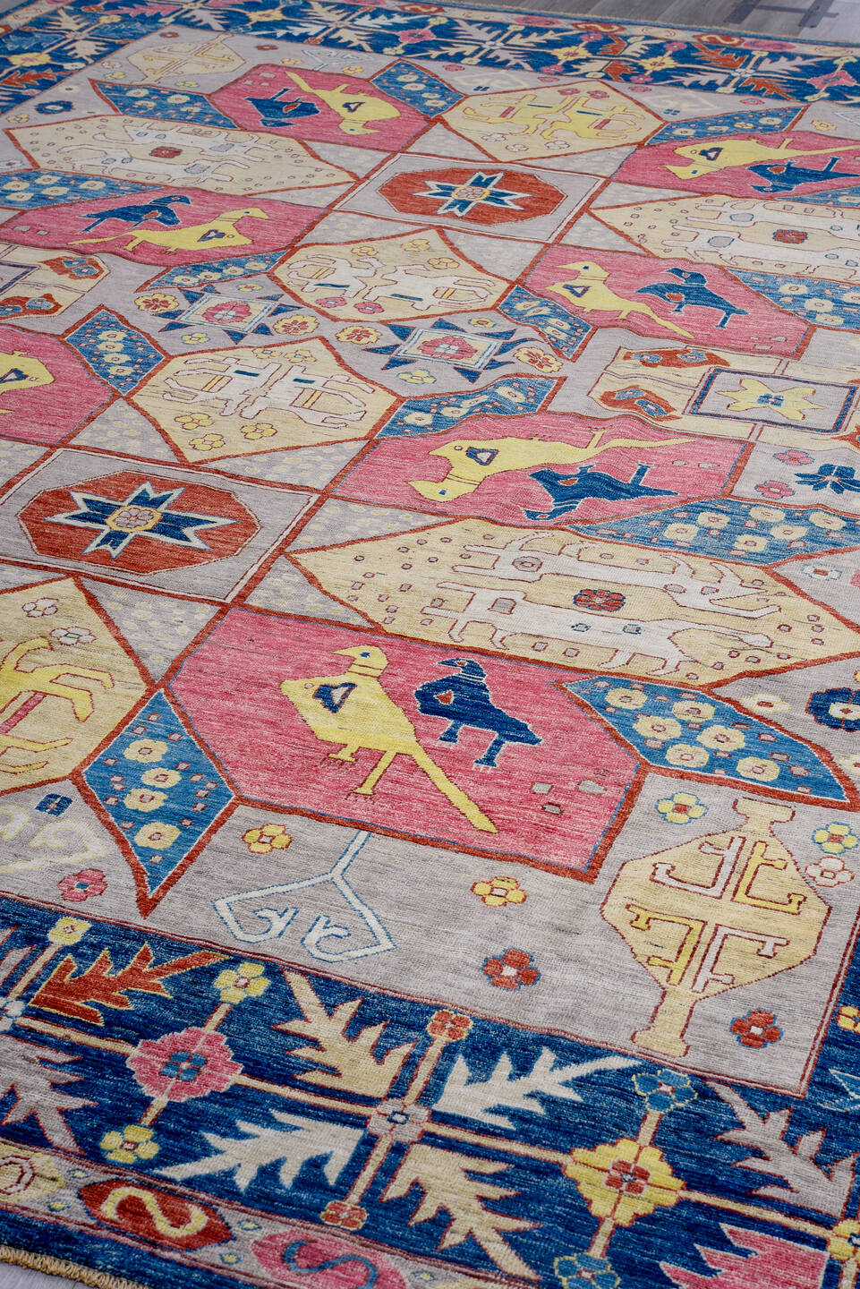 10' x 14' one-of-a-kind handmade vintage Afghan large size rug. Color palette: blue, ivory, rose, gold, red, gray, navy