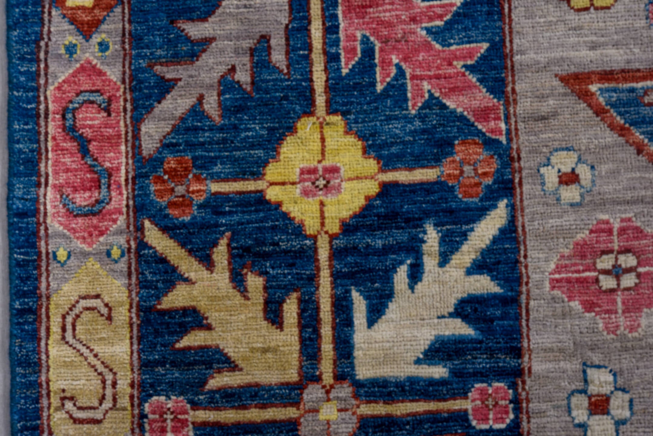 10' x 14' one-of-a-kind handmade vintage Afghan large size rug. Color palette: blue, ivory, rose, gold, red, gray, navy