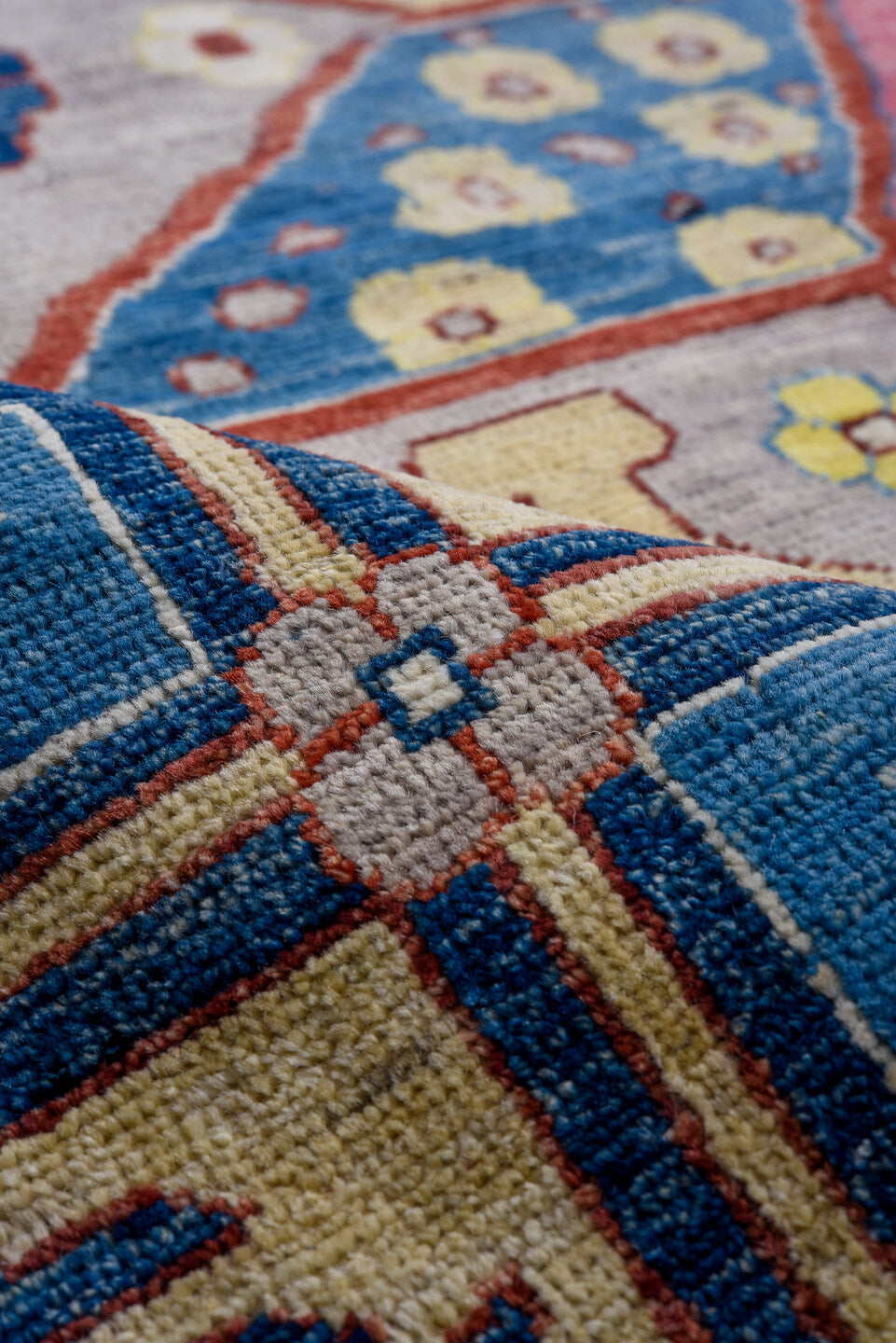 10' x 14' one-of-a-kind handmade vintage Afghan large size rug. Color palette: blue, ivory, rose, gold, red, gray, navy