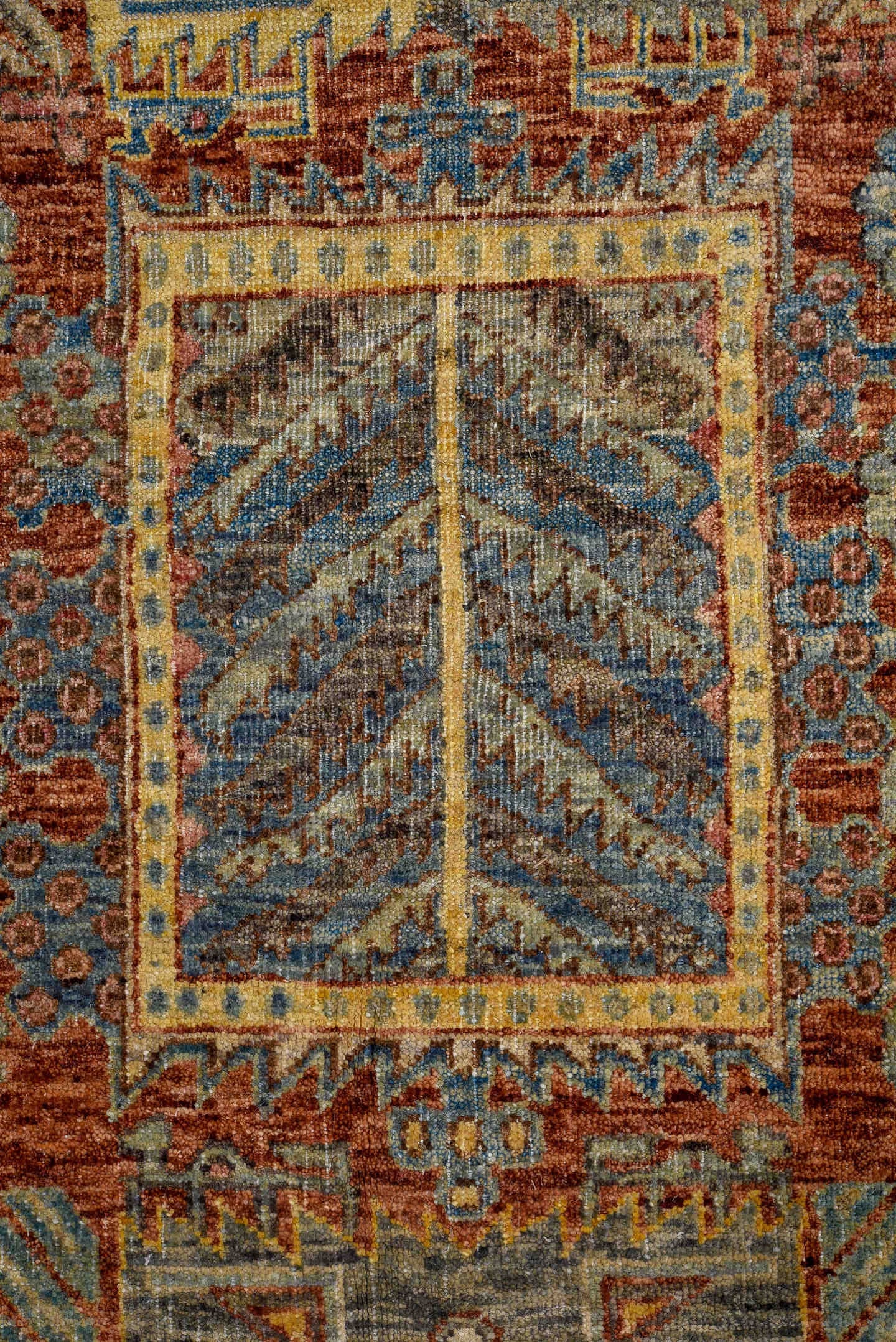 6' x 10' one-of-a-kind handmade vintage Afghan large size rug. Color palette: rust, sky blue, ivory, gold, taupe, rose
