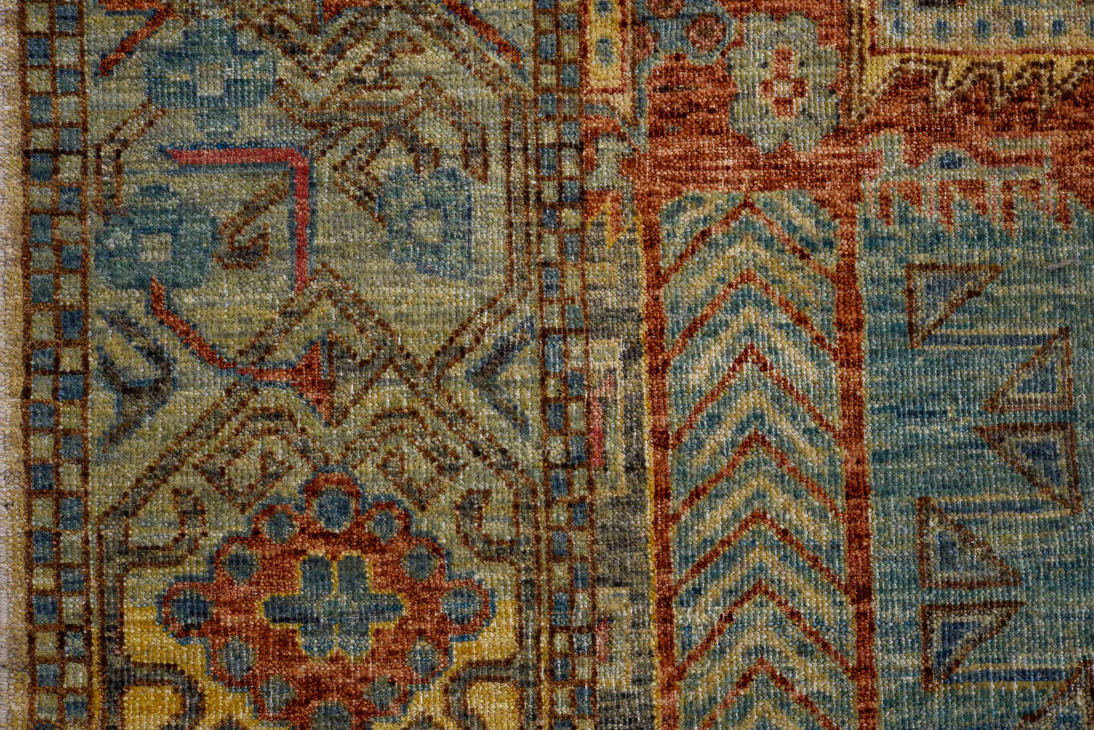 6' x 10' one-of-a-kind handmade vintage Afghan large size rug. Color palette: rust, sky blue, ivory, gold, taupe, rose