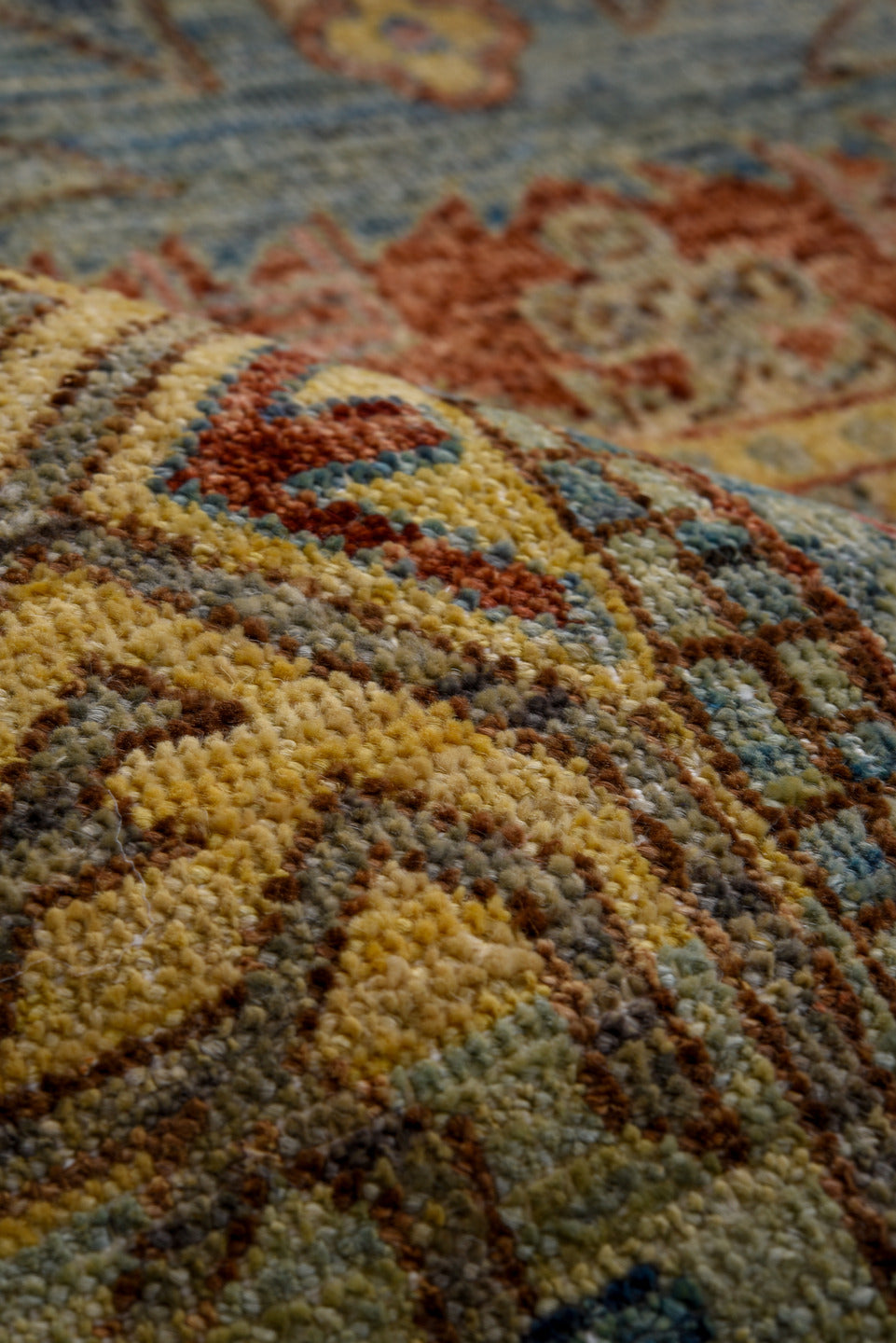 6' x 10' one-of-a-kind handmade vintage Afghan large size rug. Color palette: rust, sky blue, ivory, gold, taupe, rose
