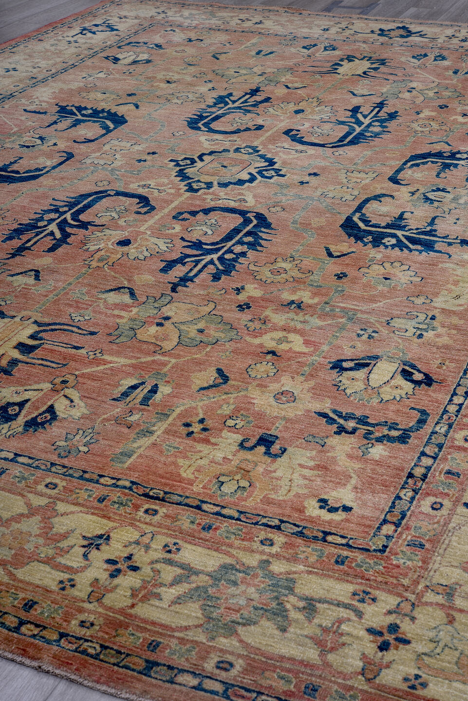 10' x 14' one-of-a-kind handmade vintage Afghan large size rug. Color palette: rose, ivory, navy, sage, taupe, dusty blue