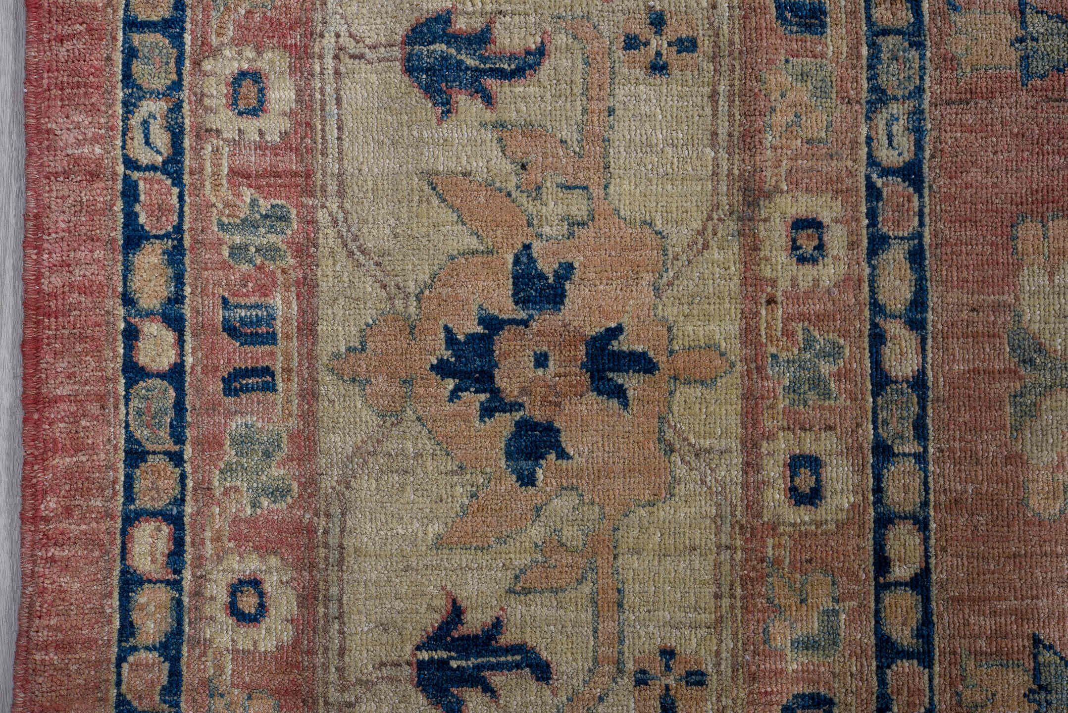 10' x 14' one-of-a-kind handmade vintage Afghan large size rug. Color palette: rose, ivory, navy, sage, taupe, dusty blue