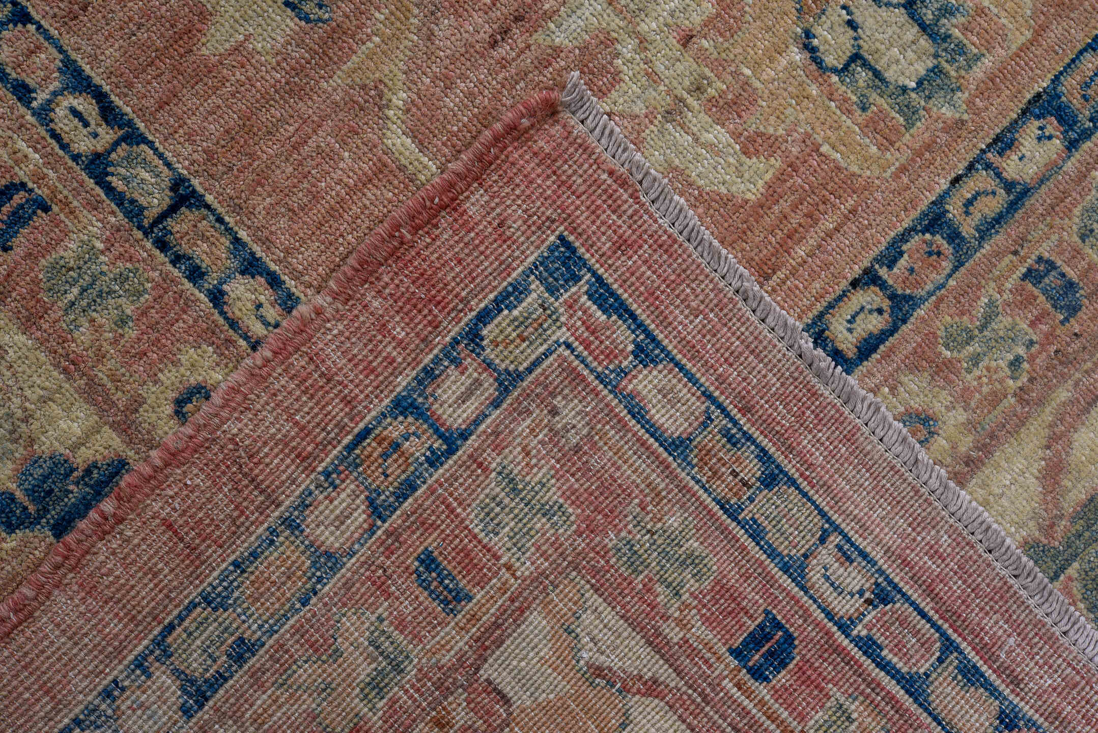 10' x 14' one-of-a-kind handmade vintage Afghan large size rug. Color palette: rose, ivory, navy, sage, taupe, dusty blue
