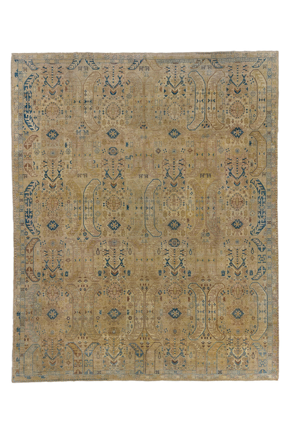 13' x 16' one-of-a-kind handmade vintage Afghan oversize rug. Color palette: arapawa, blue, brown, dim gray, gray, tan