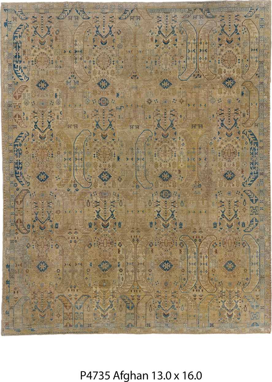 13' x 16' one-of-a-kind handmade vintage Afghan oversize rug. Color palette: arapawa, blue, brown, dim gray, gray, tan