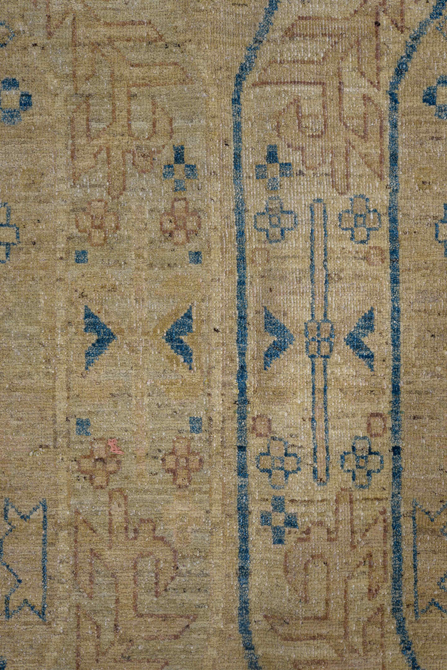 13' x 16' one-of-a-kind handmade vintage Afghan oversize rug. Color palette: tan, beige, camel, blue, ivory, taupe, brown