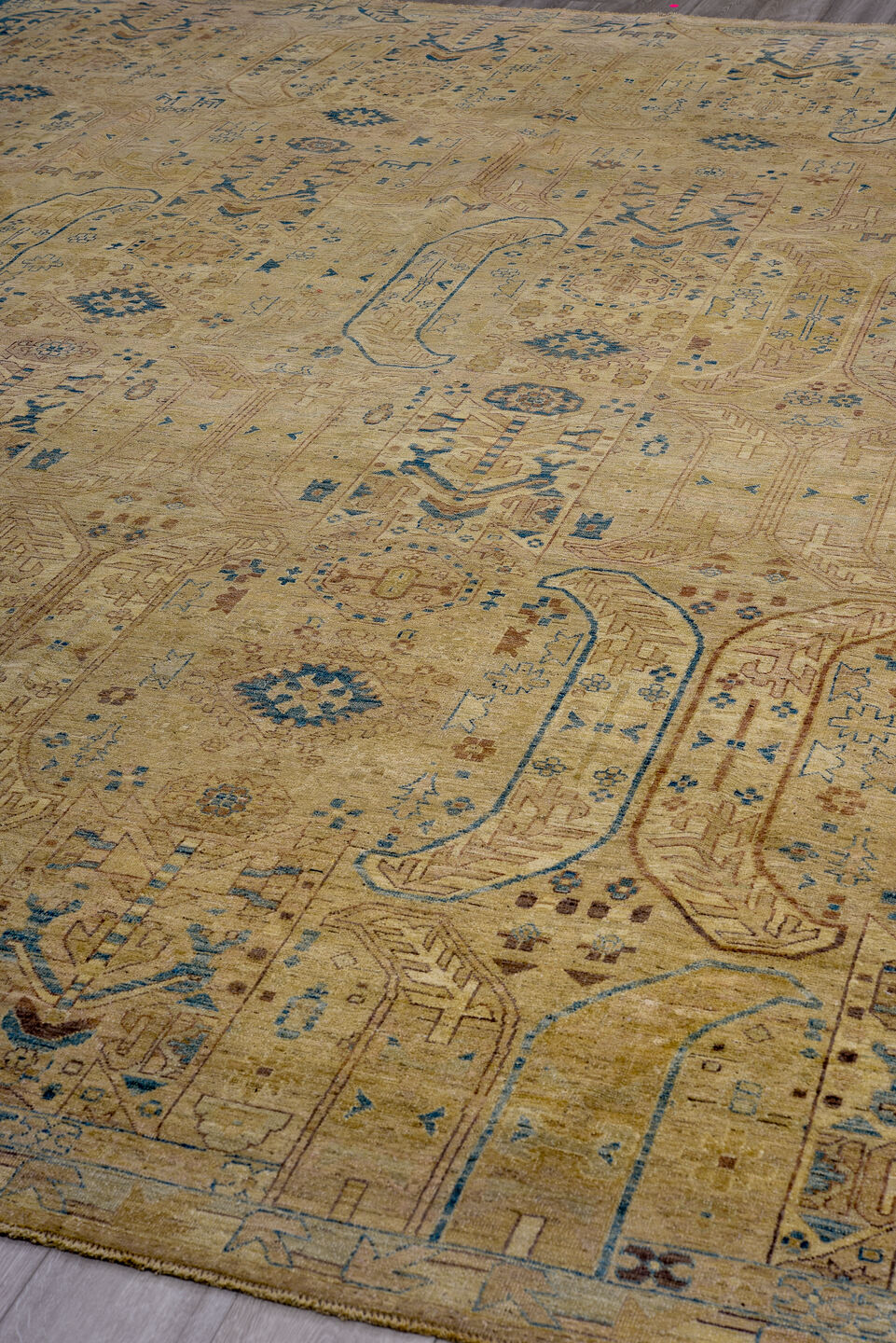 13' x 16' one-of-a-kind handmade vintage Afghan oversize rug. Color palette: arapawa, blue, brown, dim gray, gray, tan