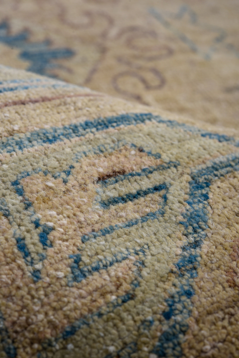 13' x 16' one-of-a-kind handmade vintage Afghan oversize rug. Color palette: tan, beige, camel, blue, ivory, taupe, brown