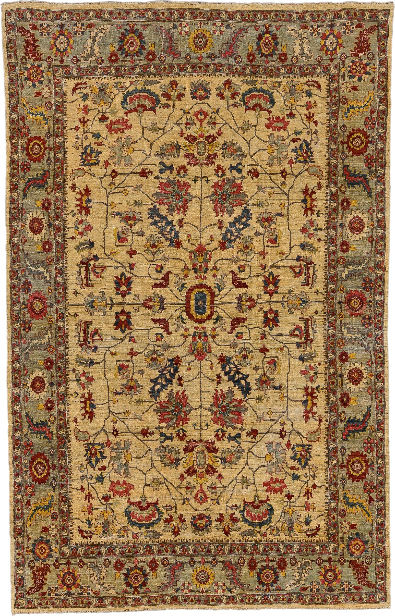9' x 15' one-of-a-kind handmade vintage Afghan rug. Color palette: ivory, taupe, rust, gold, slate, navy, burgundy, camel