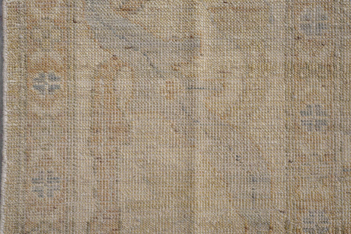 8' x 11' one-of-a-kind handmade vintage Oushak large size rug. Color palette: beige, taupe, ivory, pale blue, sand, camel