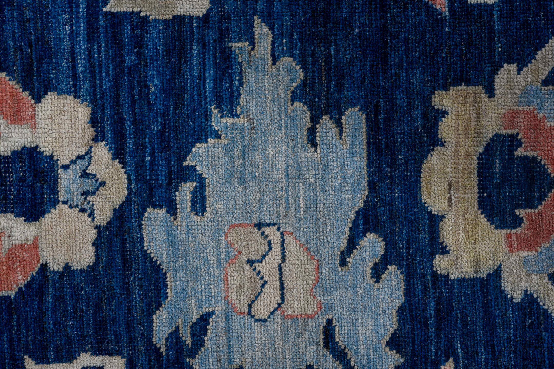 9' x 11' one-of-a-kind handmade vintage Oushak large size rug. Color palette: black, blue, brown, gainsboro, gray