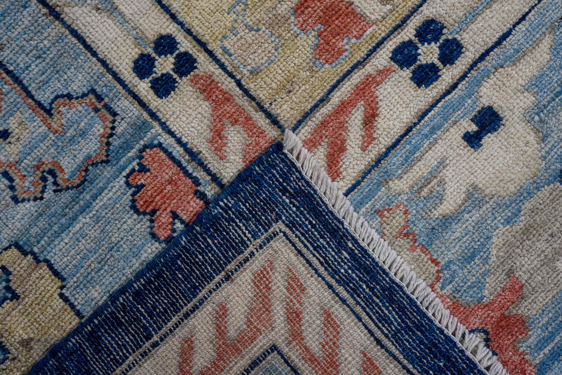 9' x 11' one-of-a-kind handmade vintage Oushak large size rug. Color palette: black, blue, brown, gainsboro, gray