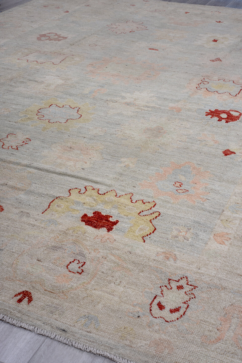 9' x 13' one-of-a-kind handmade vintage Oushak large size rug. Color palette: ivory, pale blue, blush, crimson, soft gold