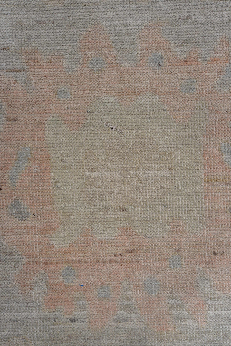 9' x 13' one-of-a-kind handmade vintage Oushak large size rug. Color palette: ivory, pale blue, blush, crimson, soft gold