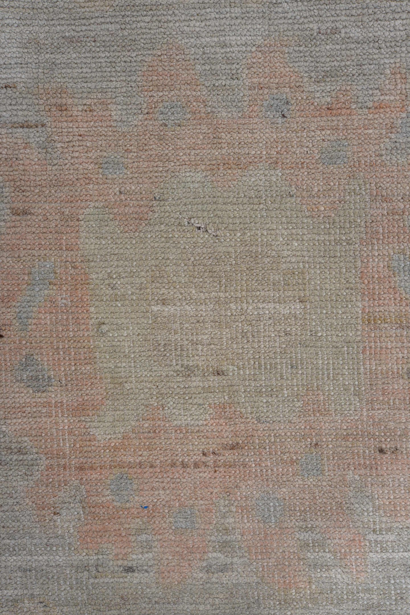 9' x 13' one-of-a-kind handmade vintage Oushak large size rug. Color palette: ivory, pale blue, blush, crimson, soft gold