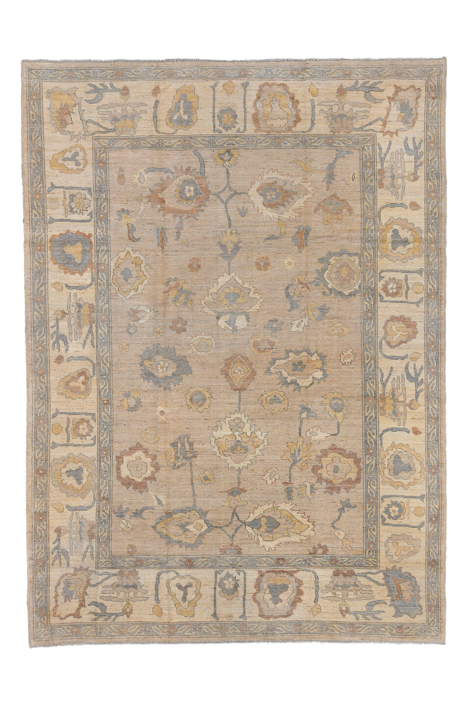 10' x 13' one-of-a-kind handmade vintage Oushak large size rug. Color palette: brown, gray, light gray, off-white, orange