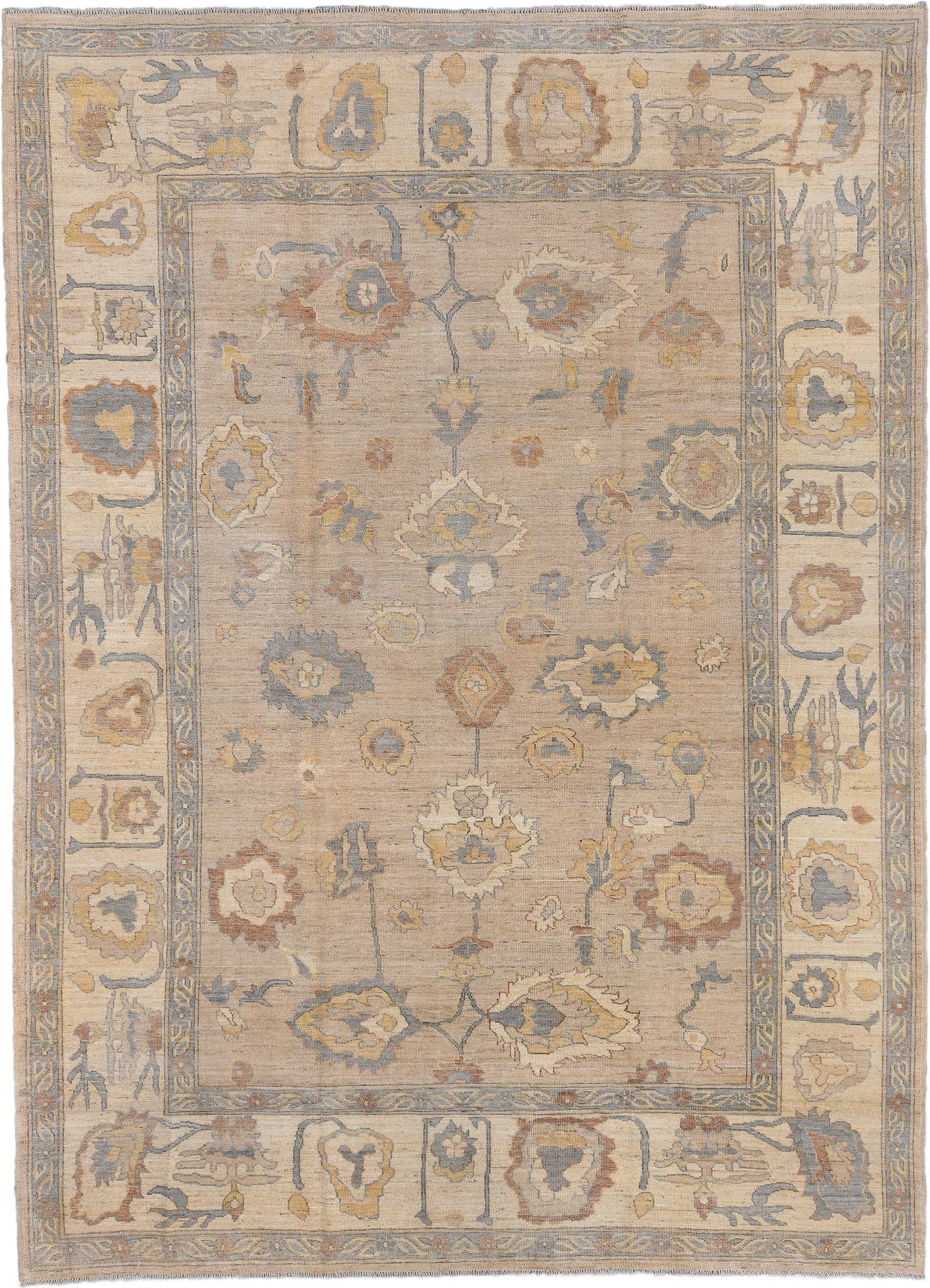 10' x 13' one-of-a-kind handmade vintage Oushak large size rug. Color palette: beige, ivory, powder_blue, gold, rust, taupe