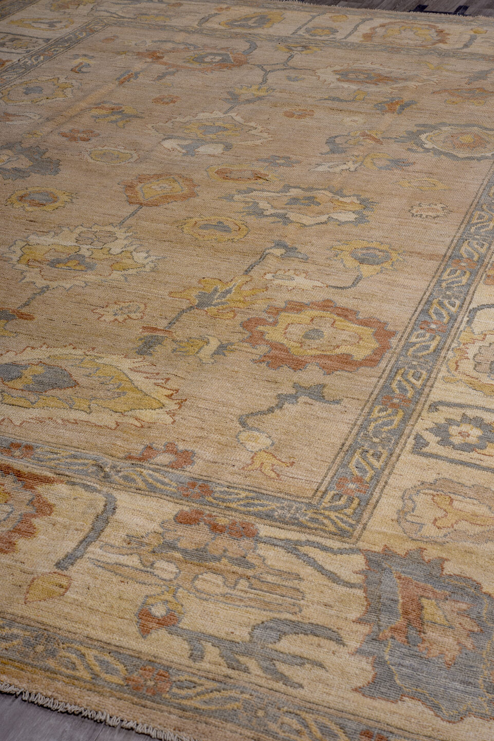 10' x 13' one-of-a-kind handmade vintage Oushak large size rug. Color palette: beige, ivory, powder_blue, gold, rust, taupe