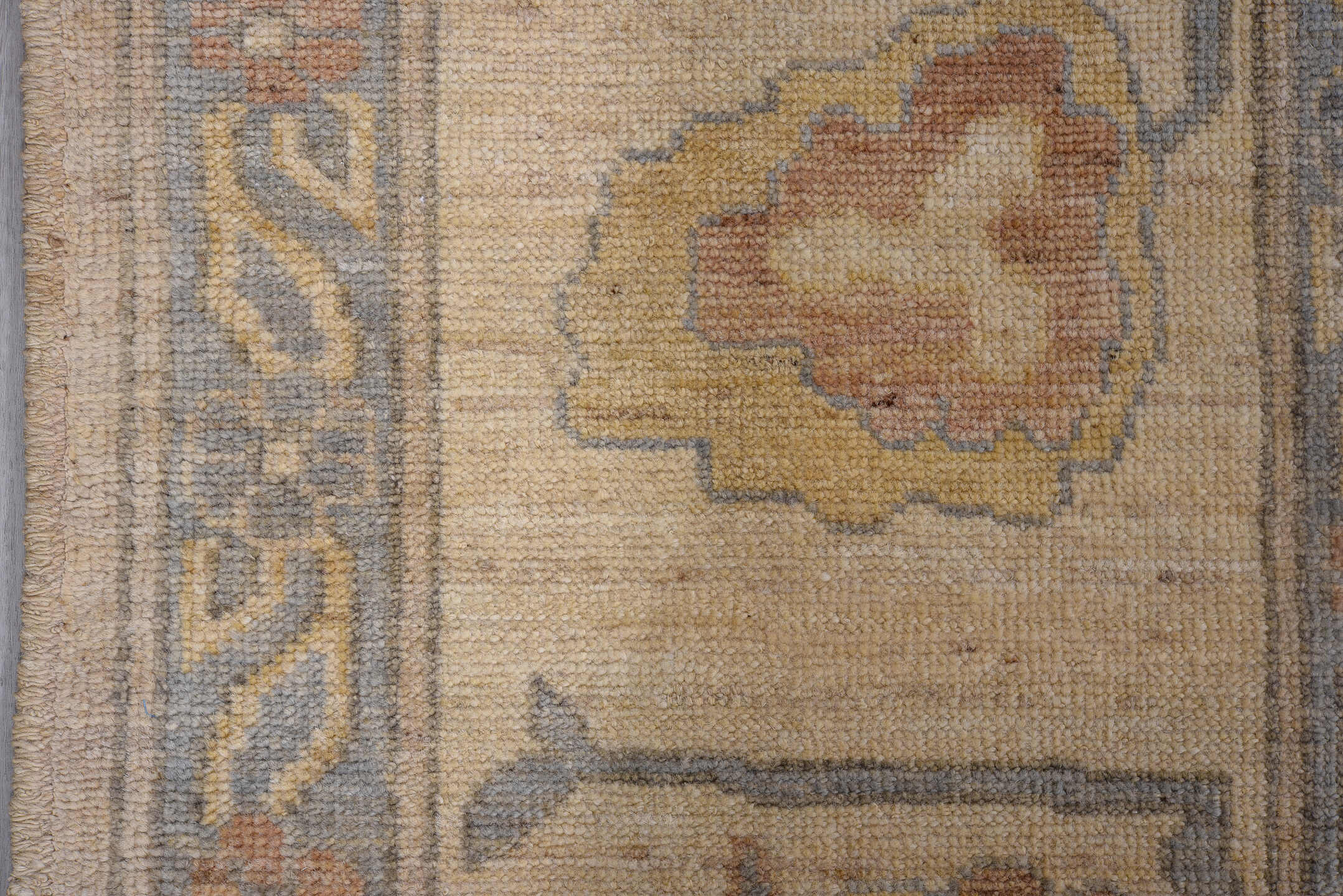 10' x 13' one-of-a-kind handmade vintage Oushak large size rug. Color palette: beige, ivory, powder_blue, gold, rust, taupe