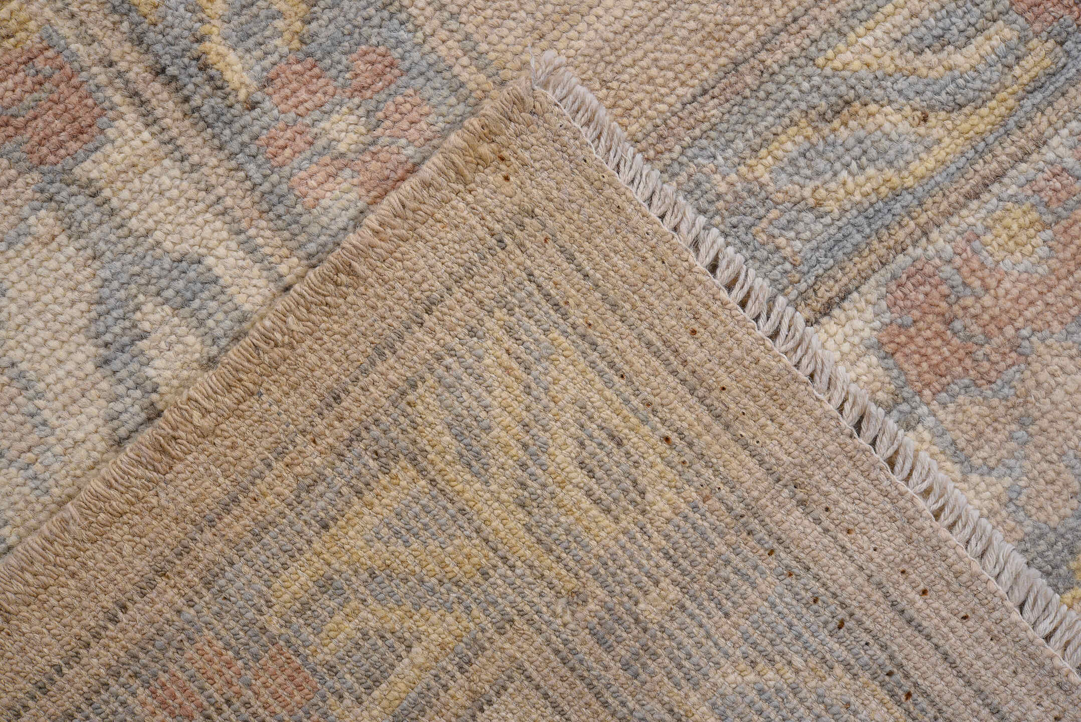 10' x 13' one-of-a-kind handmade vintage Oushak large size rug. Color palette: beige, ivory, powder_blue, gold, rust, taupe