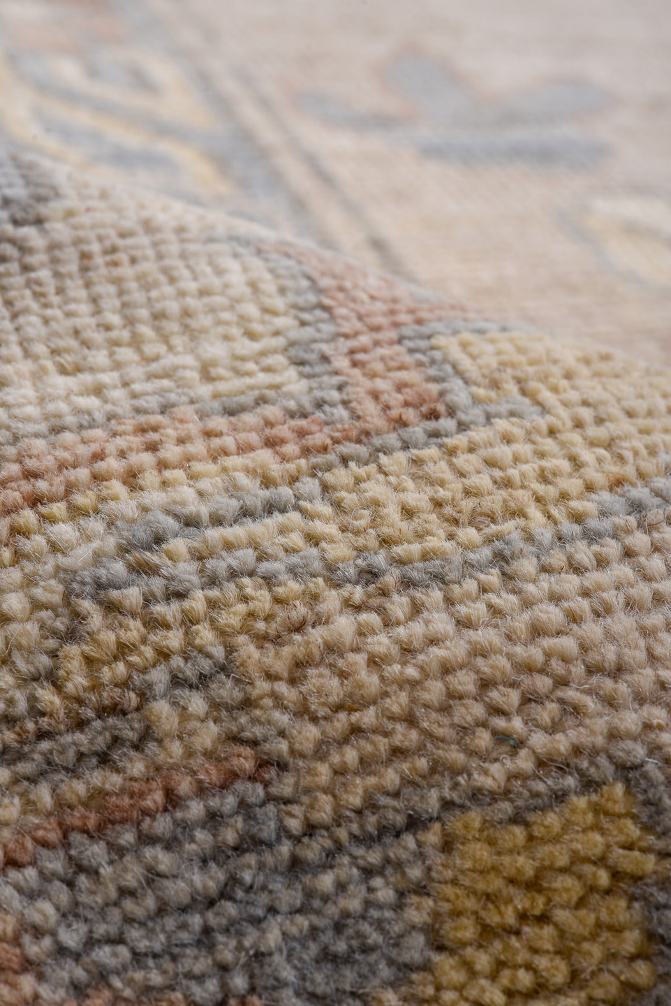 10' x 13' one-of-a-kind handmade vintage Oushak large size rug. Color palette: beige, ivory, powder_blue, gold, rust, taupe