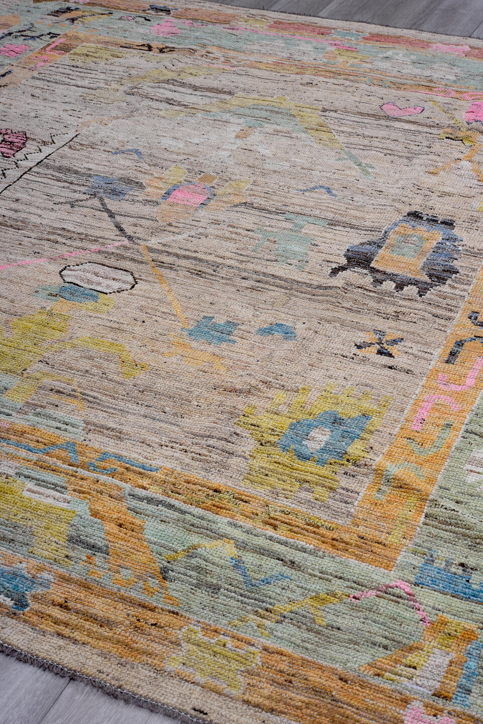 8' x 9' one-of-a-kind handmade vintage Oushak large size rug. Color palette: taupe, sage, blush, apricot, sky blue, gold