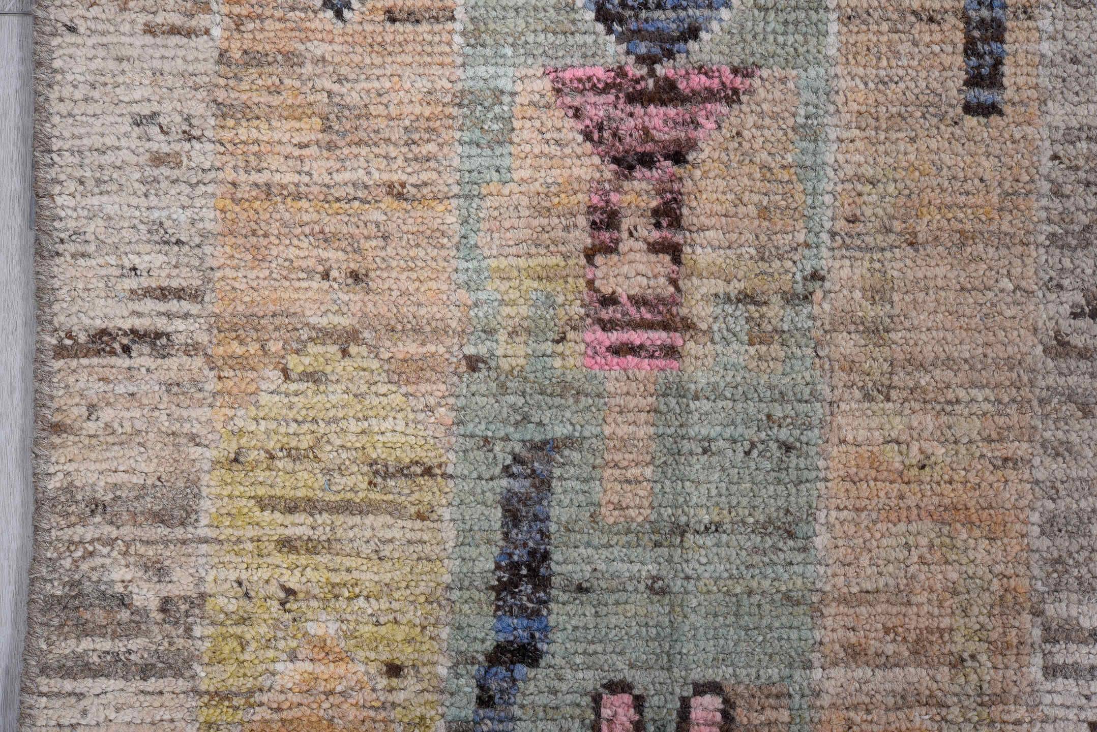 8' x 9' one-of-a-kind handmade vintage Oushak large size rug. Color palette: taupe, sage, blush, apricot, sky blue, gold