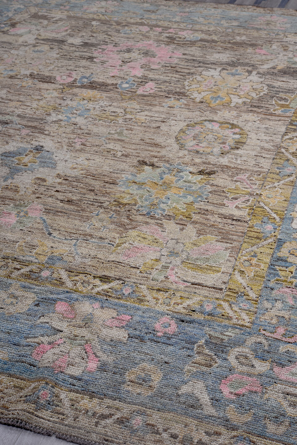 10' x 13' one-of-a-kind handmade vintage Oushak large size rug. Color palette: taupe, slate, ivory, rose, gold, camel, brown