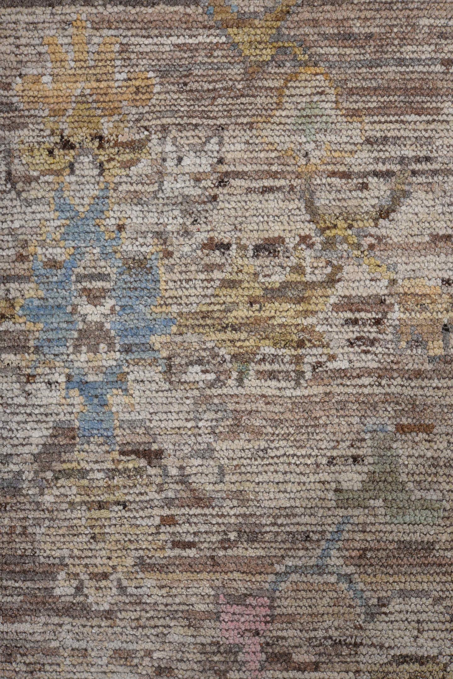 10' x 13' one-of-a-kind handmade vintage Oushak large size rug. Color palette: taupe, slate, ivory, rose, gold, camel, brown
