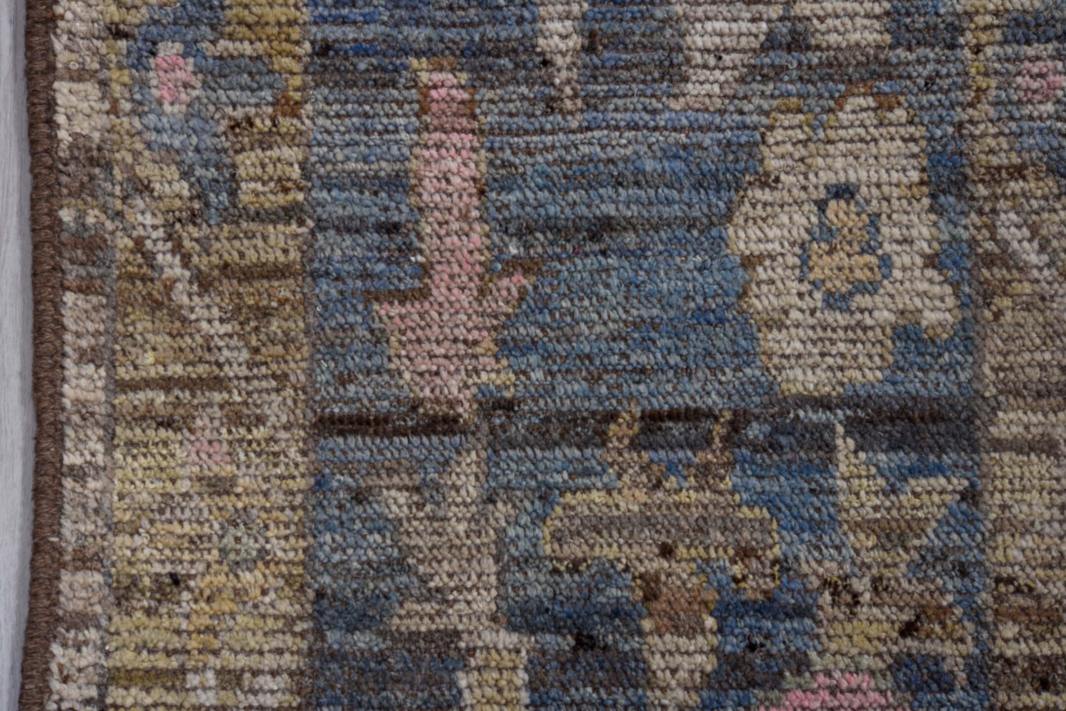 10' x 13' one-of-a-kind handmade vintage Oushak large size rug. Color palette: taupe, slate, ivory, rose, gold, camel, brown