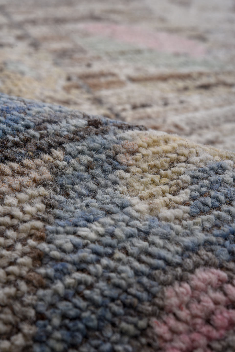 10' x 13' one-of-a-kind handmade vintage Oushak large size rug. Color palette: taupe, slate, ivory, rose, gold, camel, brown
