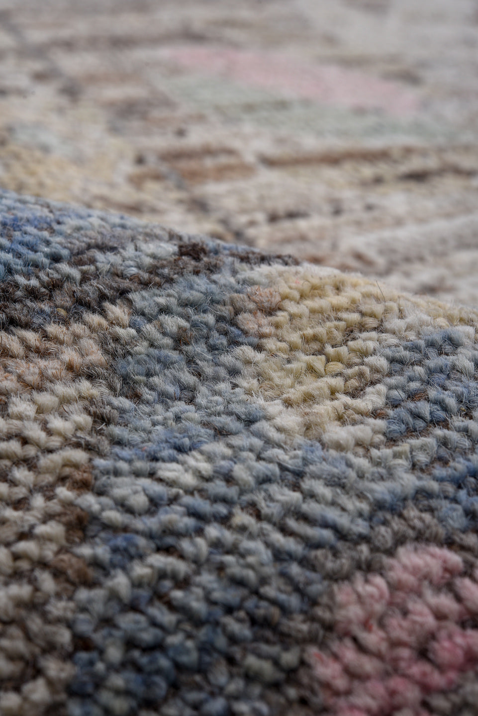 10' x 13' one-of-a-kind handmade vintage Oushak large size rug. Color palette: taupe, slate, ivory, rose, gold, camel, brown