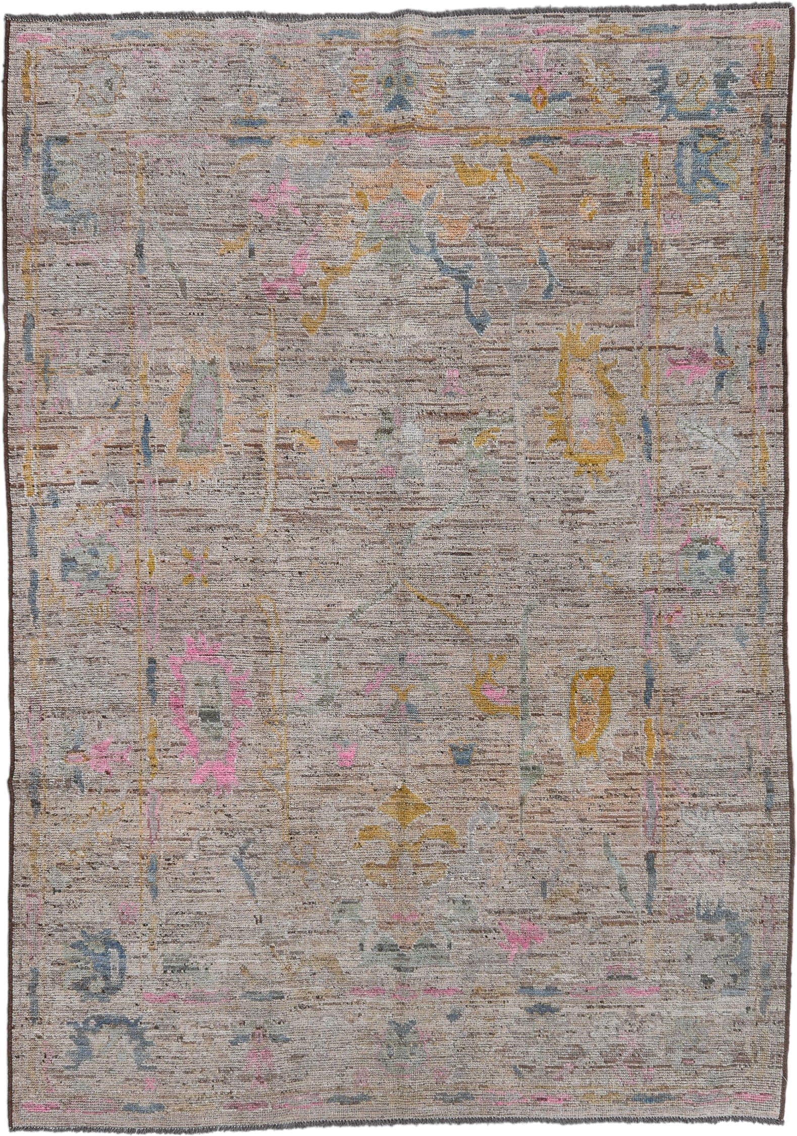 6' x 9' one-of-a-kind handmade vintage Oushak rug. Color palette: taupe, ivory, sky_blue, soft_pink, gold, sage, camel