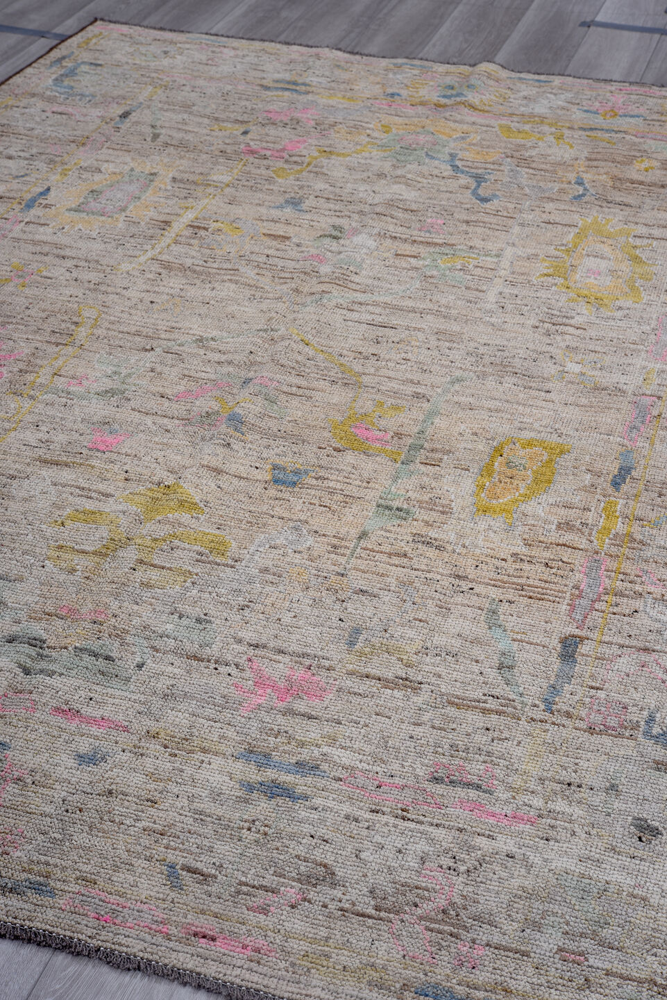 6' x 9' one-of-a-kind handmade vintage Oushak rug. Color palette: taupe, ivory, sky_blue, soft_pink, gold, sage, camel