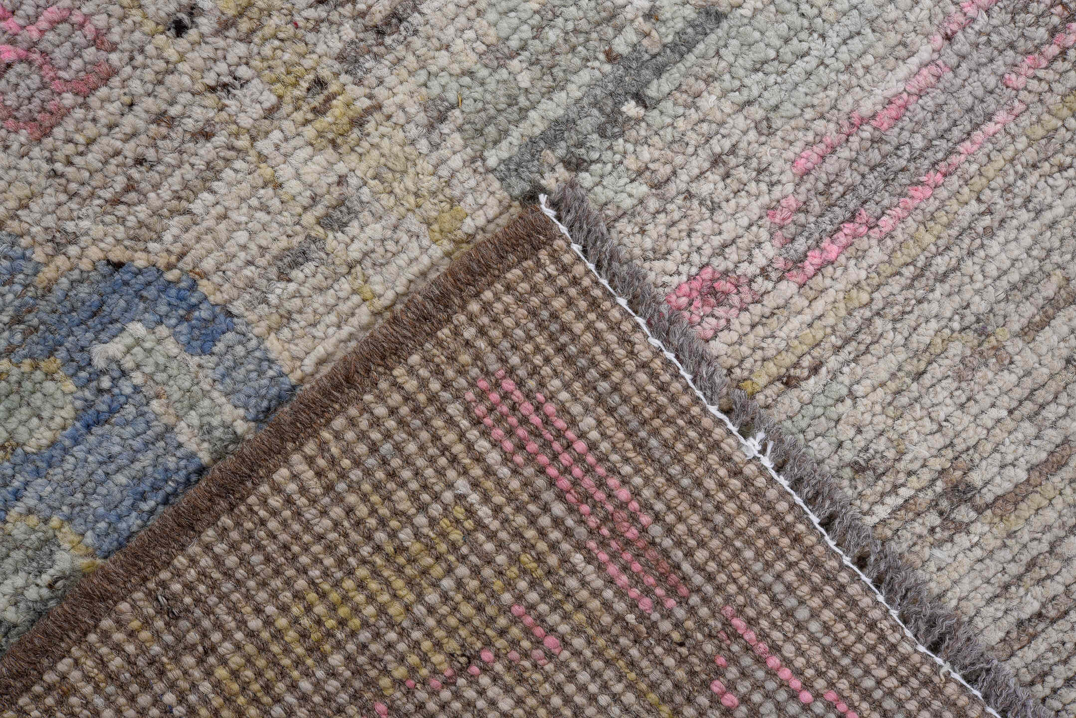 6' x 9' one-of-a-kind handmade vintage Oushak rug. Color palette: taupe, ivory, sky_blue, soft_pink, gold, sage, camel