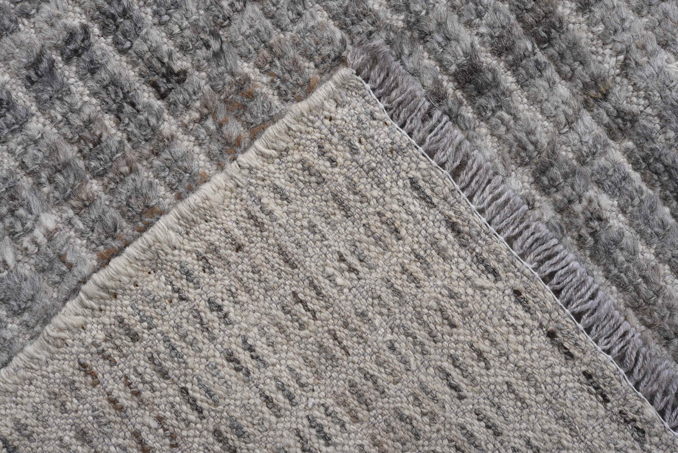 7' x 12' one-of-a-kind handmade vintage Tulu large size rug. Color palette: gray, ivory, charcoal, taupe, black, beige