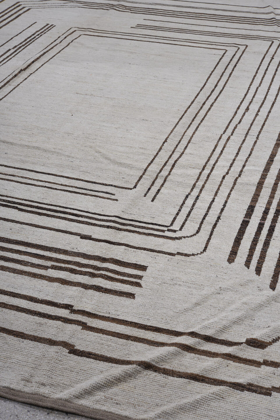 9' x 11' one-of-a-kind handmade vintage Tulu large size rug. Color palette: ivory, brown, taupe, charcoal, beige, gray