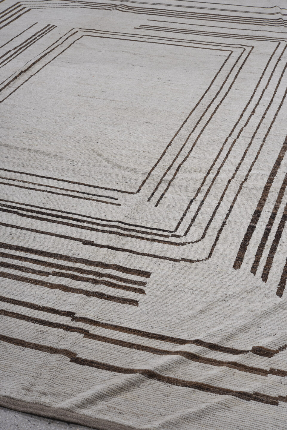 9' x 11' one-of-a-kind handmade vintage Tulu large size rug. Color palette: ivory, brown, taupe, charcoal, beige, gray