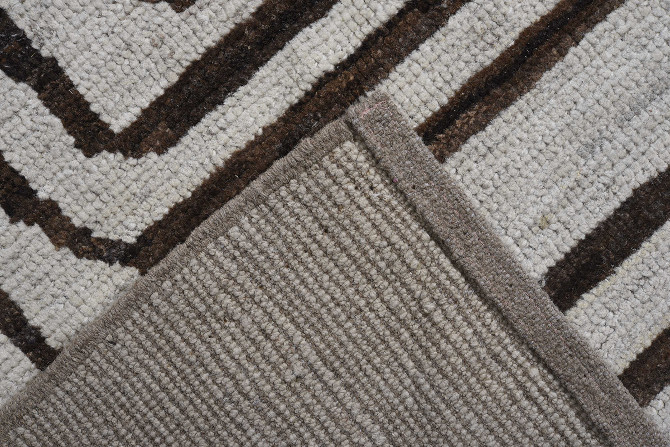 9' x 11' one-of-a-kind handmade vintage Tulu large size rug. Color palette: ivory, brown, taupe, charcoal, beige, gray