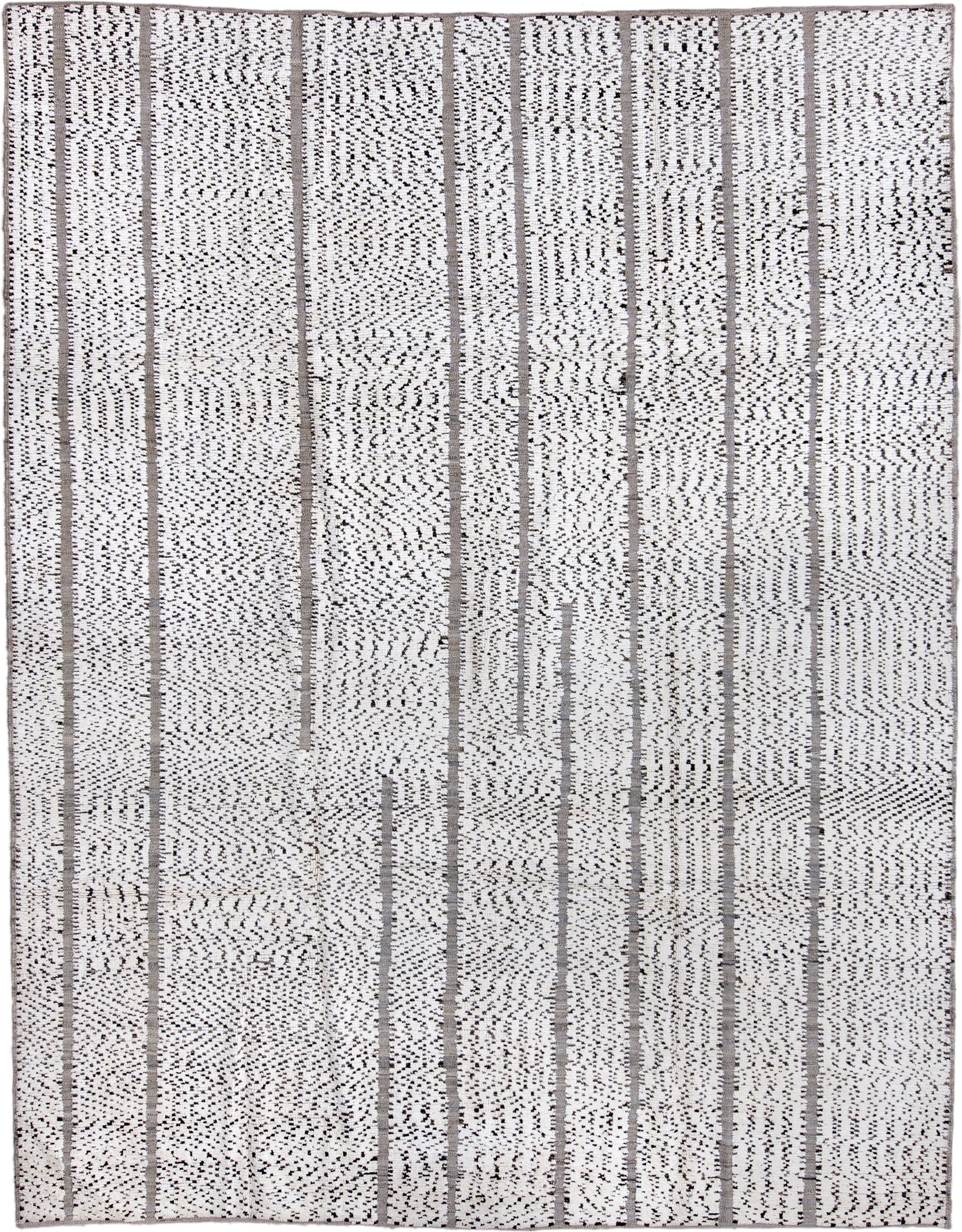 7' x 9' one-of-a-kind handmade vintage Tulu rug. Color palette: ivory, charcoal, taupe, gray, black, beige