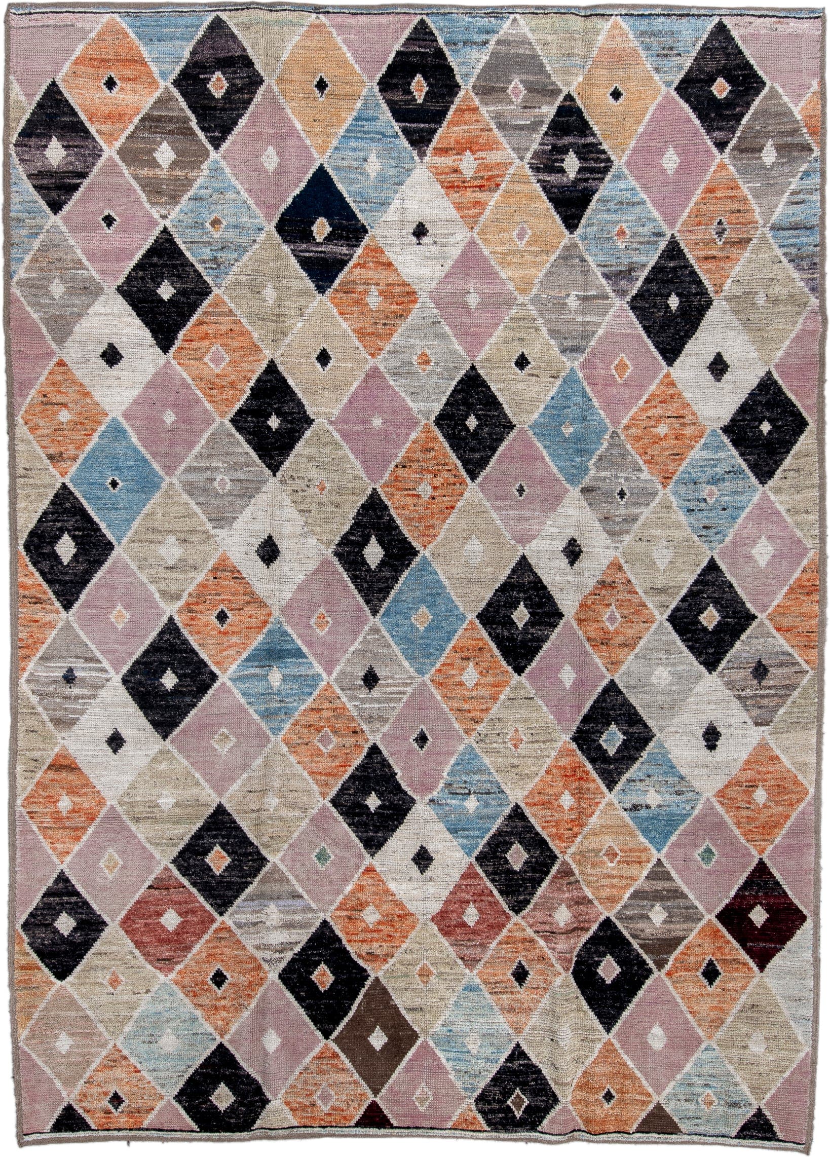 7' x 10' one-of-a-kind handmade vintage Tulu large size rug. Color palette: ivory, blush, charcoal, sky blue, terra cotta