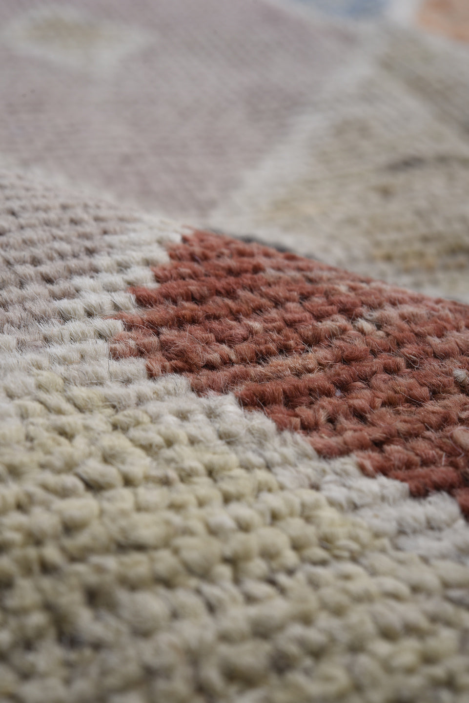 7' x 10' one-of-a-kind handmade vintage Tulu large size rug. Color palette: ivory, blush, charcoal, sky blue, terra cotta