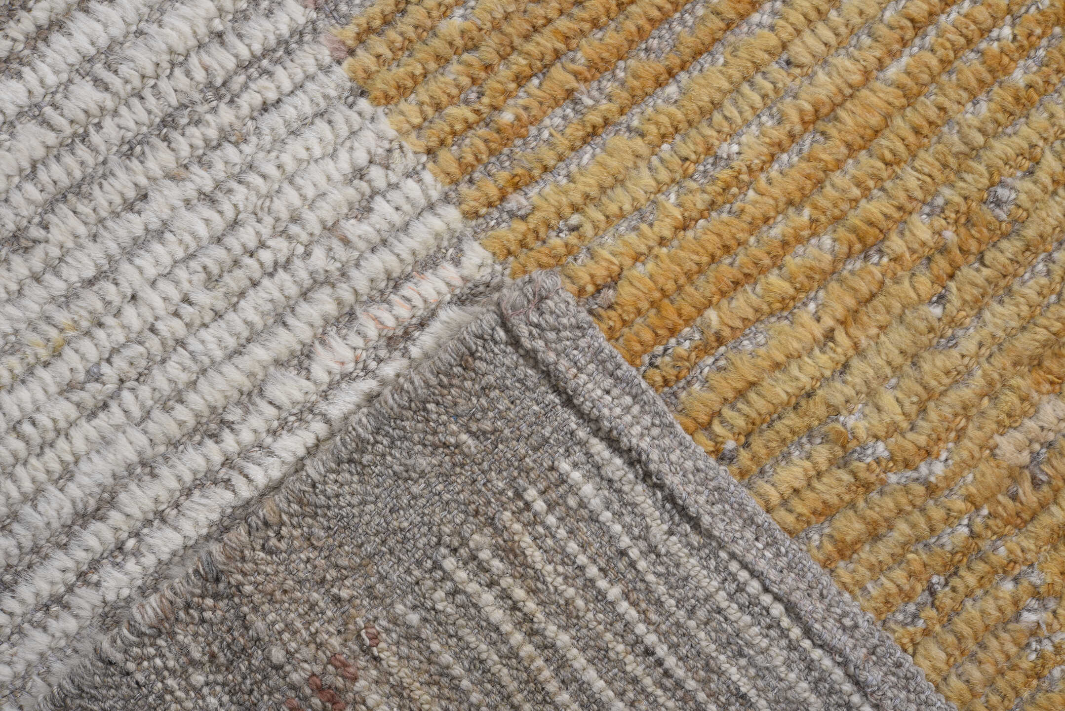 9' x 12' one-of-a-kind handmade vintage Tulu large size rug. Color palette: ivory, taupe, blush, rose, saffron
