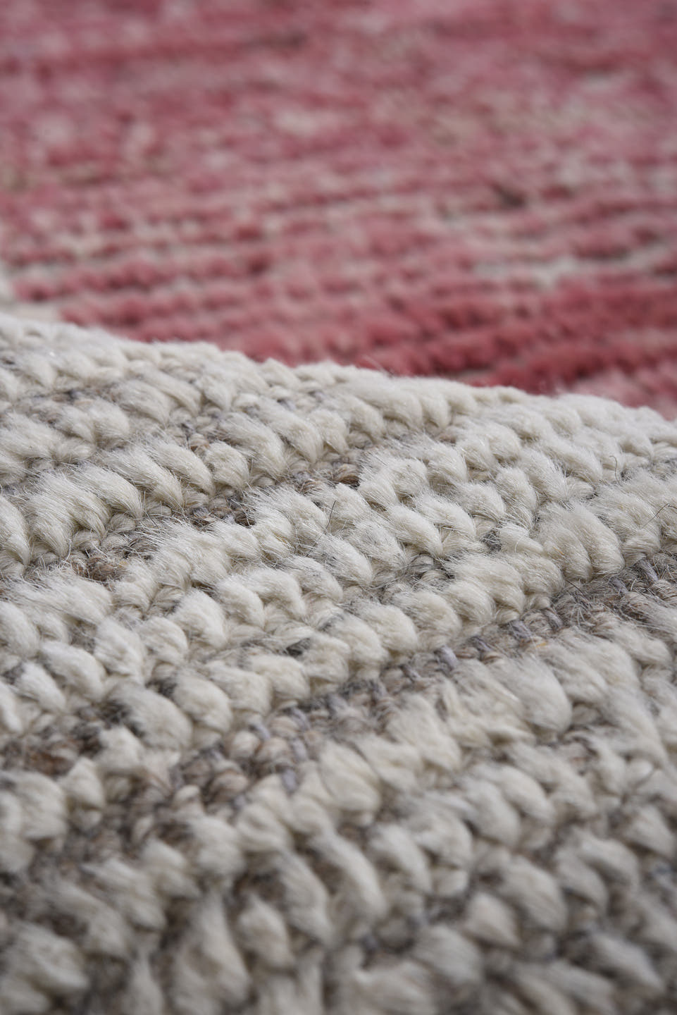 9' x 12' one-of-a-kind handmade vintage Tulu large size rug. Color palette: ivory, taupe, blush, rose, saffron