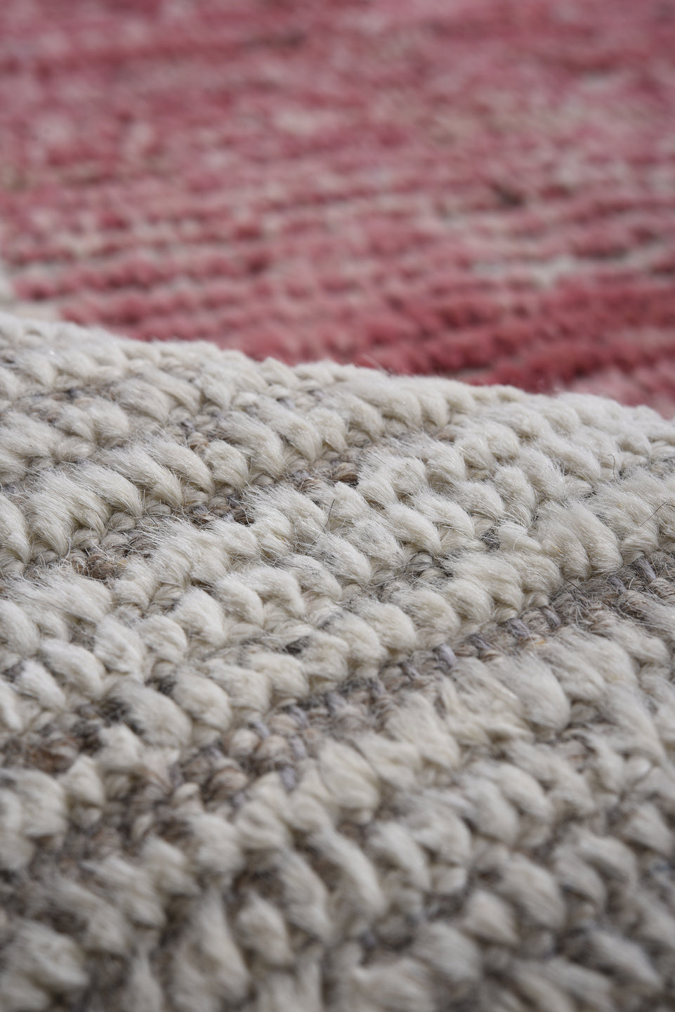 9' x 12' one-of-a-kind handmade vintage Tulu large size rug. Color palette: ivory, taupe, blush, rose, saffron