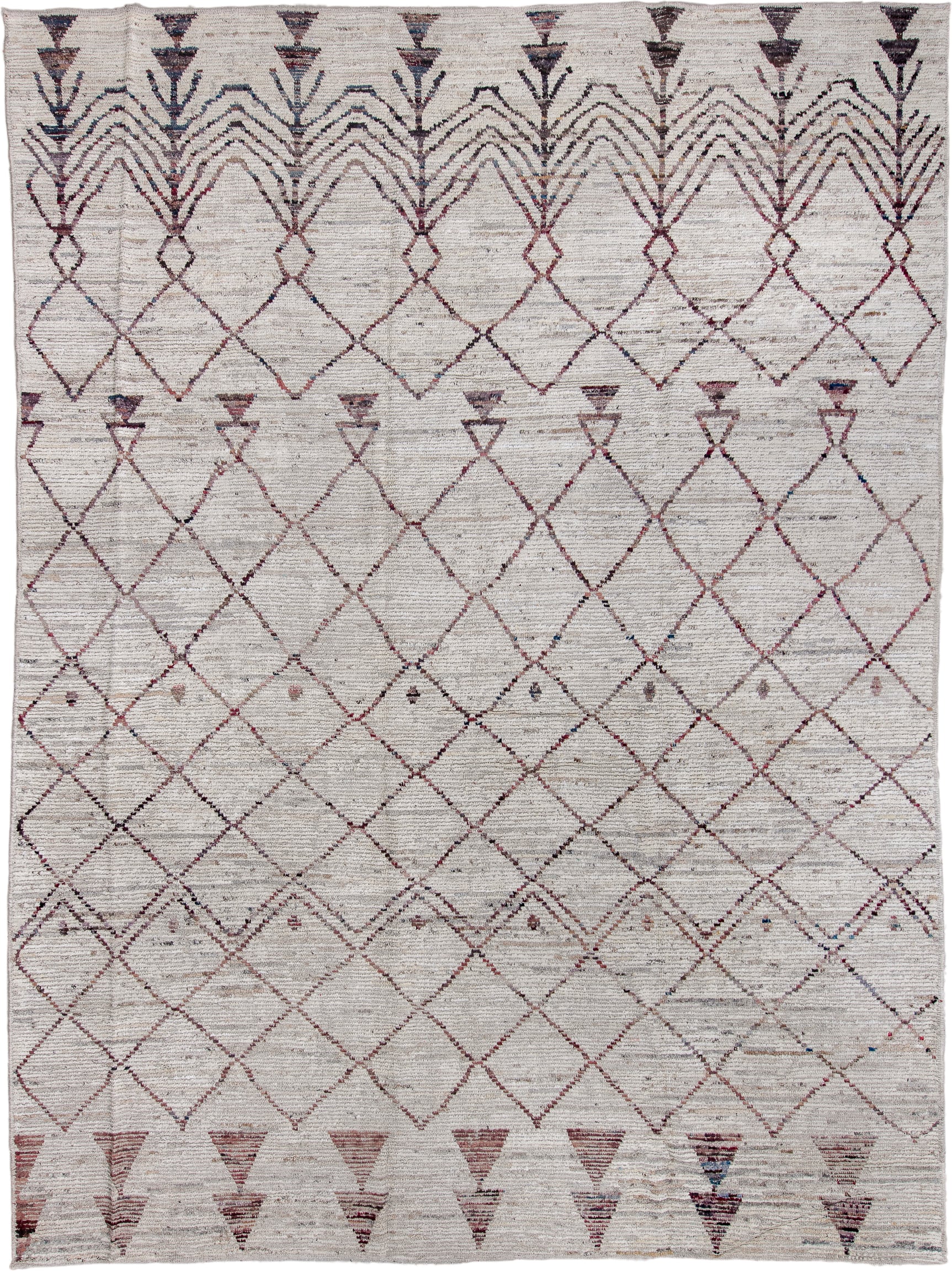 10' x 13' one-of-a-kind handmade vintage Tulu large size rug. Color palette: ivory, burgundy, charcoal, taupe, slate