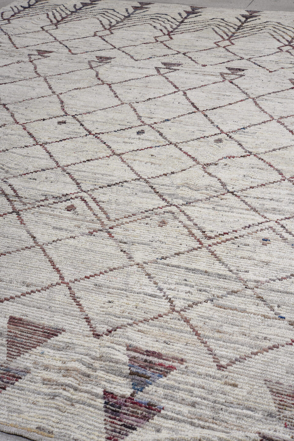 10' x 13' one-of-a-kind handmade vintage Tulu large size rug. Color palette: ivory, burgundy, charcoal, taupe, slate