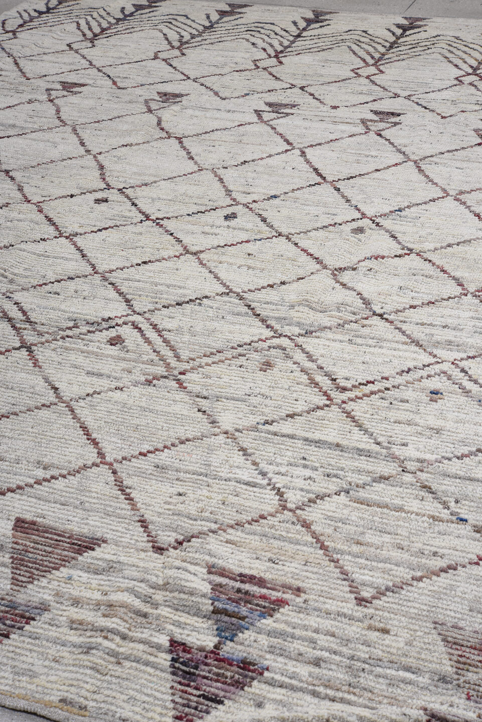 10' x 13' one-of-a-kind handmade vintage Tulu large size rug. Color palette: ivory, burgundy, charcoal, taupe, slate